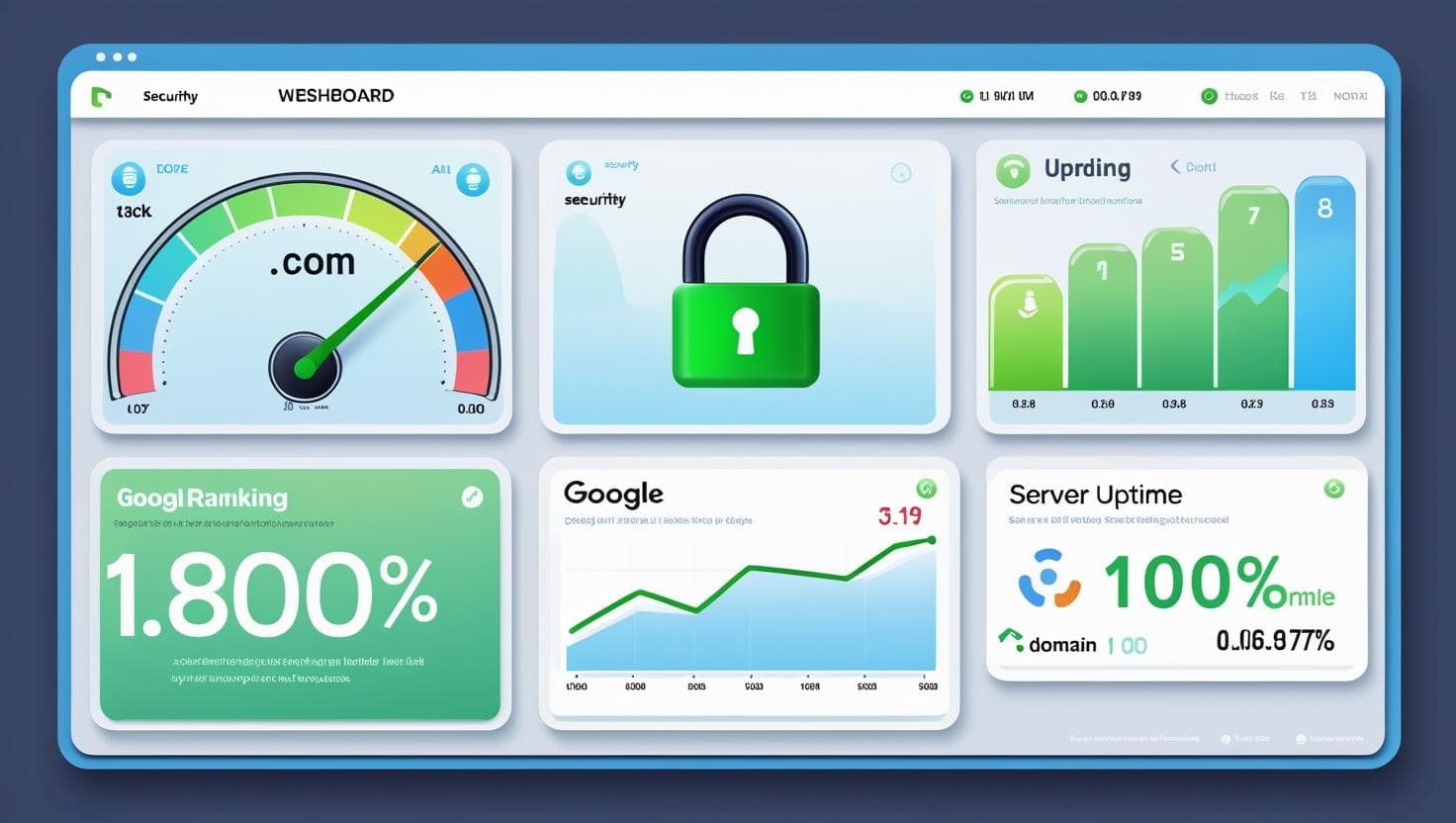 Website dashboard showing SEO stats, loading speed, SSL, .com domain and Google ranking